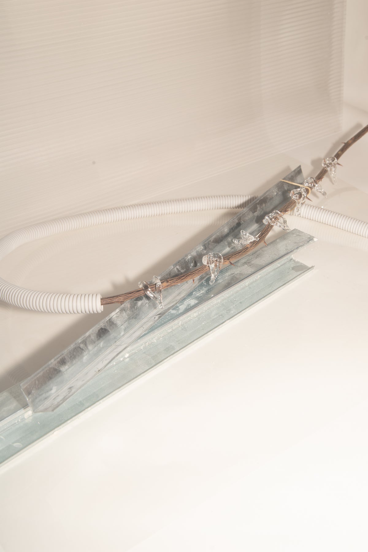 Blade Stacking Glass Rings 0138, double-edged blade form in clear glass, detail, Rain and Rivers
