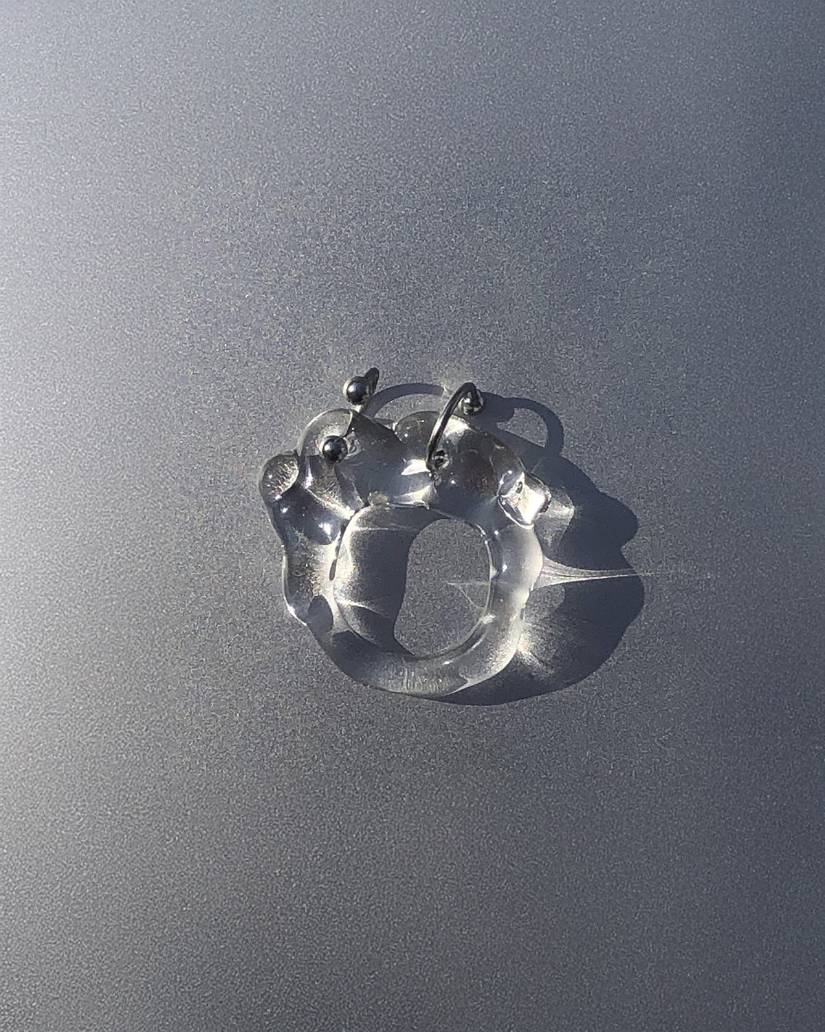 Organic Pierced Glass Ring 0062, beaded clear glass with stainless steel horseshoe piercings, detail, Rain and Rivers