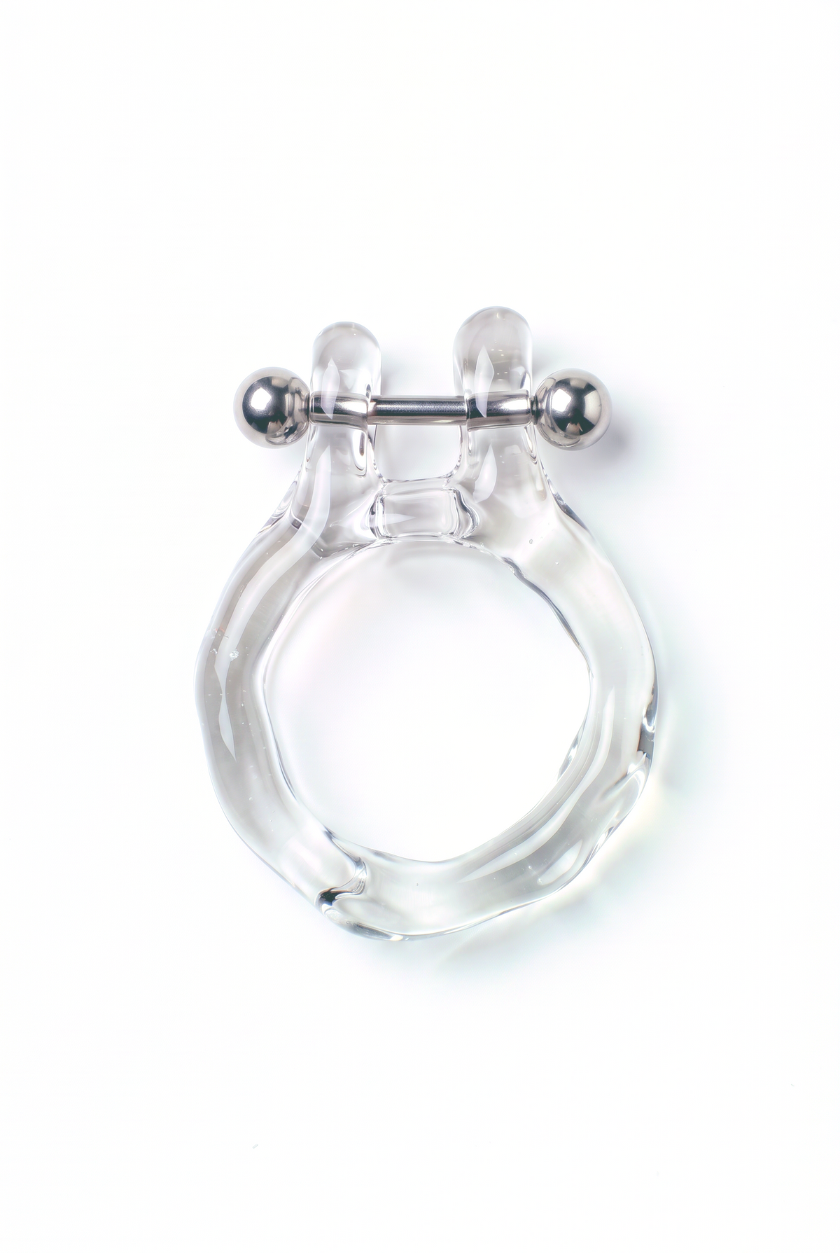 Rain and Rivers Barbell Piercing Glass Ring 0076 – hand-sculpted clear borosilicate glass ring with stainless steel barbell piercing, handmade in Barcelona, product photo on white