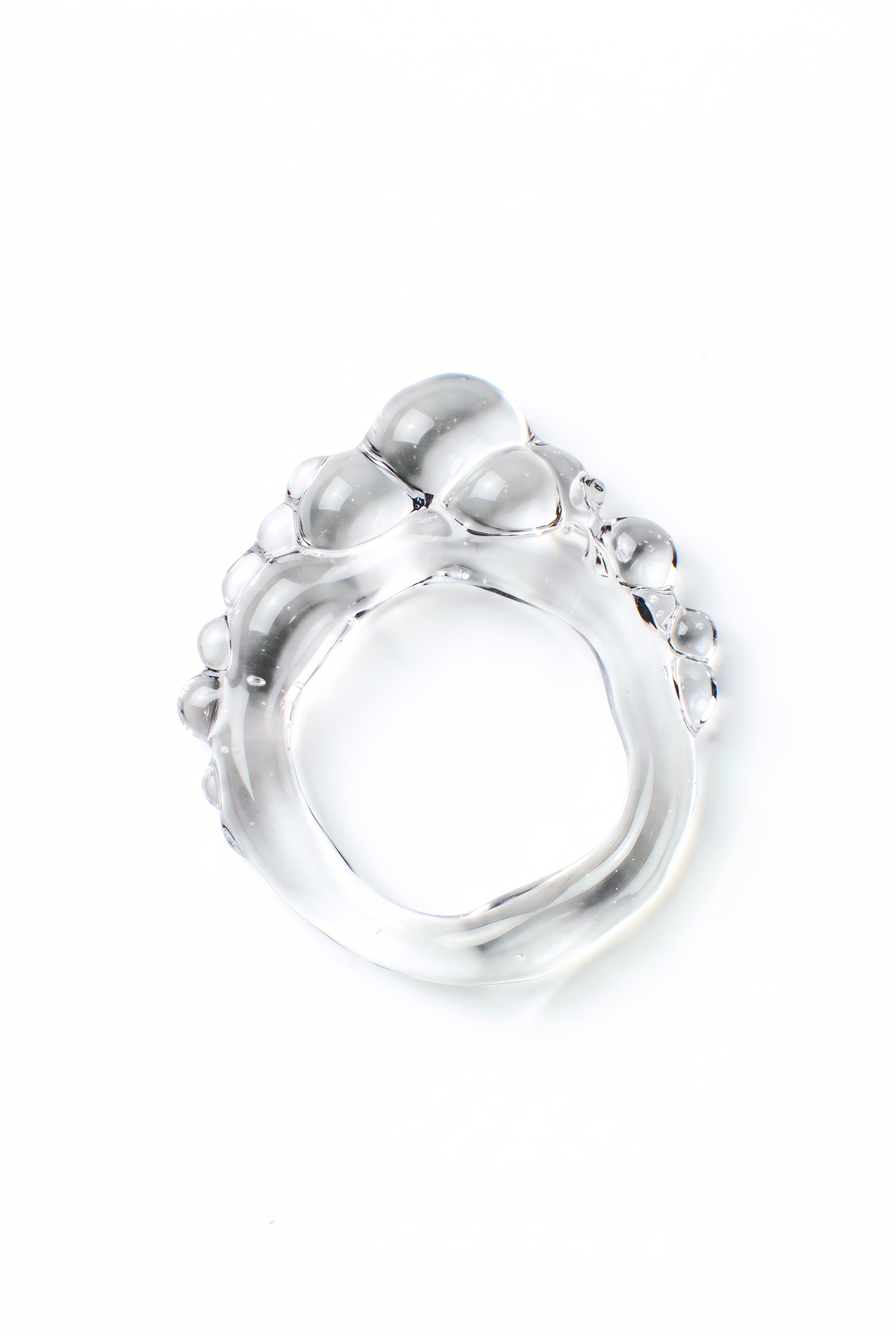 Rain and Rivers Chunky Beaded Glass Ring 0093 – hand-sculpted chunky clear borosilicate glass ring with beaded bubble texture, handmade in Barcelona, product photo on white
