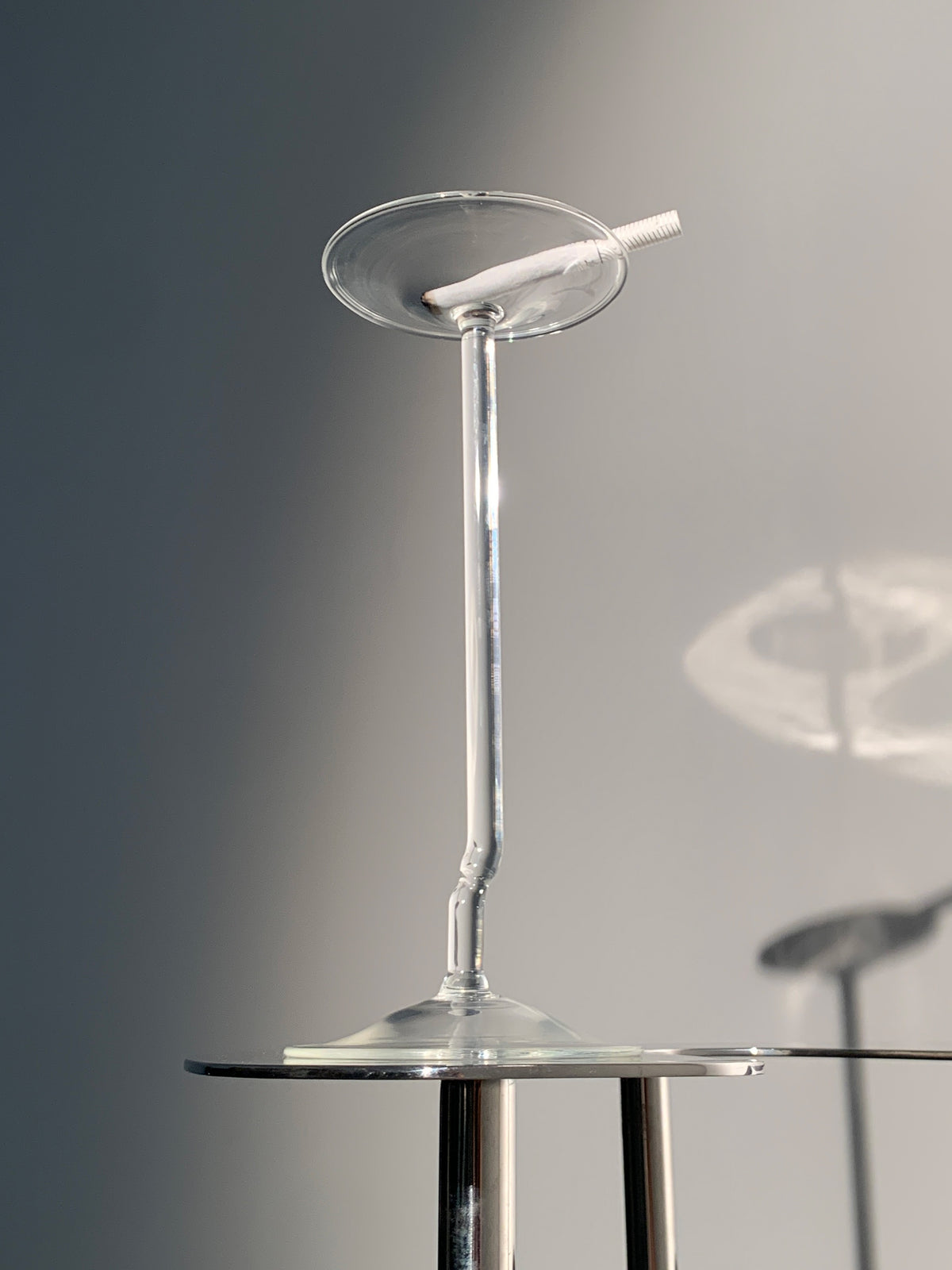 Ashtray 0002, tall stemmed ashtray in clear hand-sculpted borosilicate glass, Rain and Rivers, Barcelona