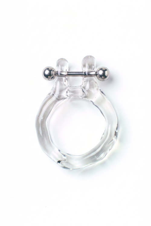 Rain and Rivers Barbell Piercing Glass Ring 0076 – hand-sculpted clear borosilicate glass ring with stainless steel barbell piercing, handmade in Barcelona, product photo on white