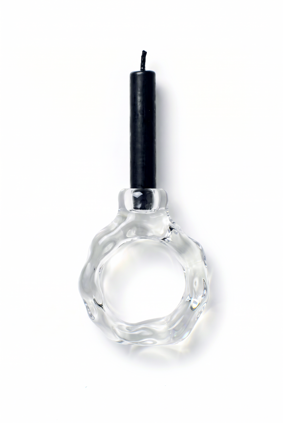 Rain and Rivers Candle and Flower Glass Ring 0136 – hand-sculpted clear borosilicate glass ring with candle holder and black candle, handmade in Barcelona, product photo on white