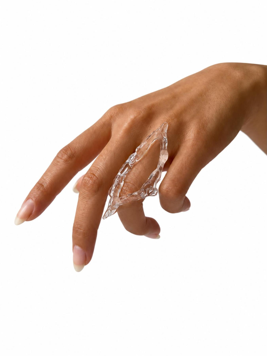 Rombo Long Glass Statement Ring 0016 by Rain and Rivers: a long, organic, handmade clear glass ring worn on the hand, photographed on a white background