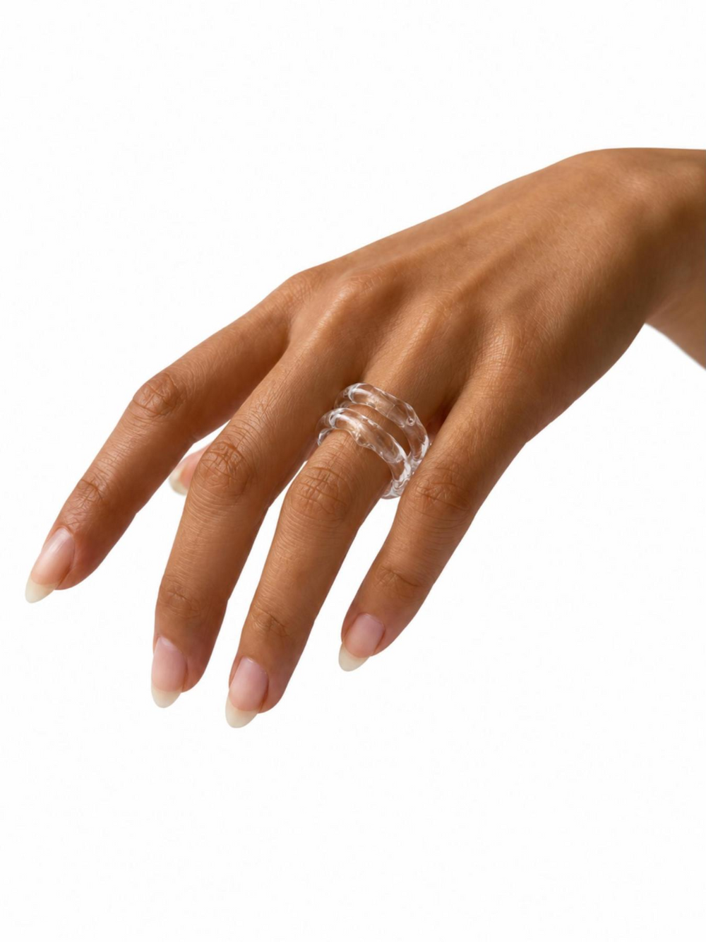 Stacking Glass Band Rings 0031 by Rain and Rivers: two organic handmade clear glass bands stacked on the hand, on a white background